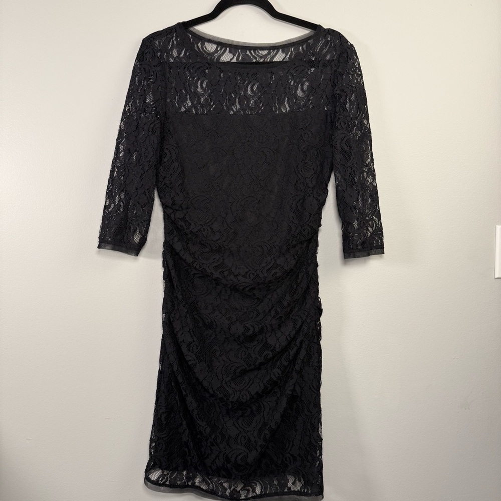 Max & Cleo Women’s Black Lace Overlay Dress 10 Knee Length 3/4 Sleeve Ruching